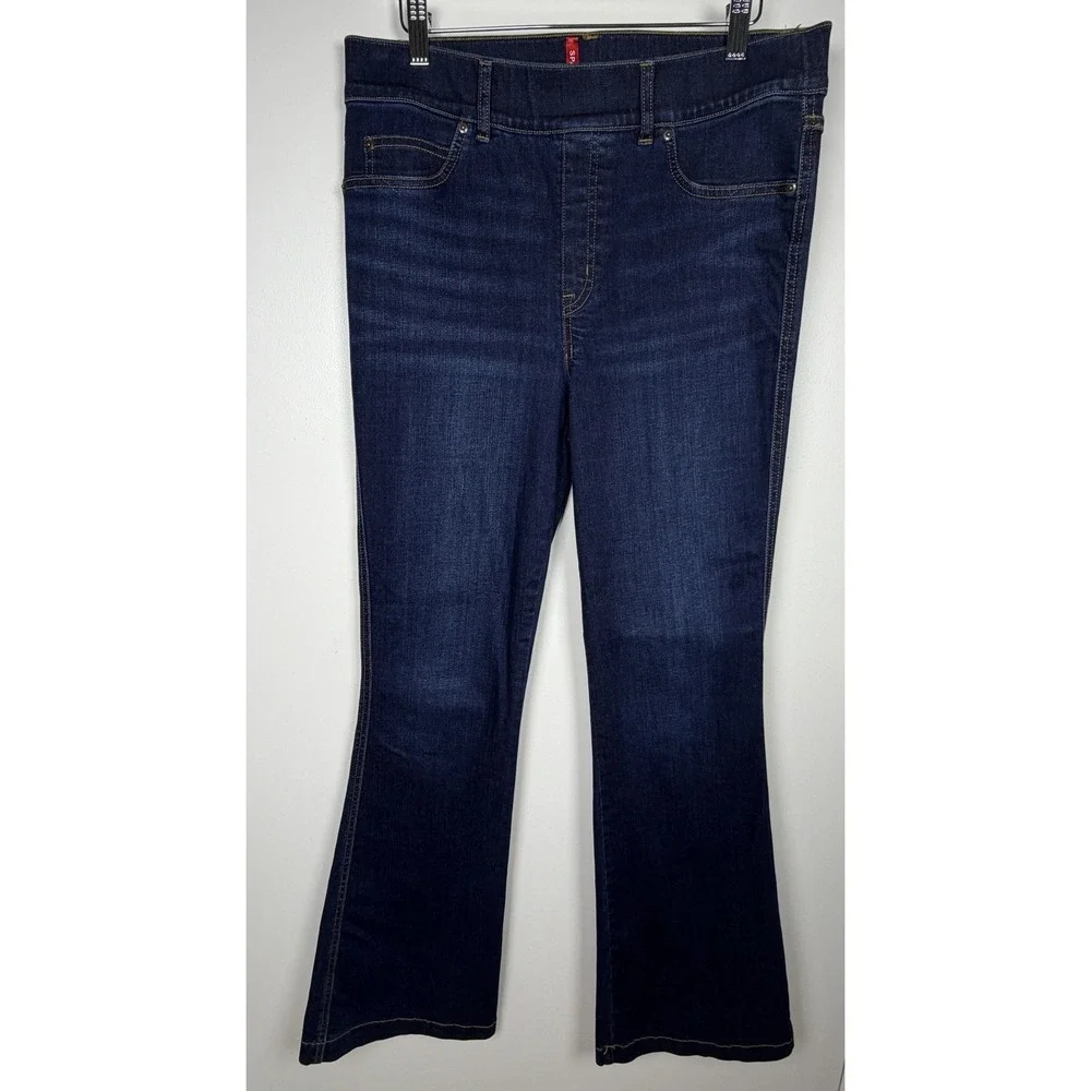Spanx Midnight Blue Flared High Rise Pull-On Sliming Large Denim Stretch Jeans - Picture 3 of 12